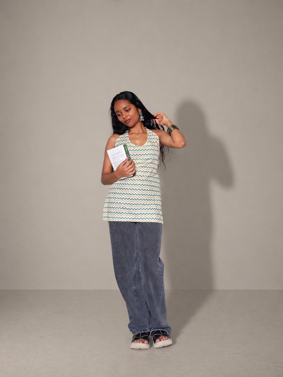 Nyaree Beige Cotton Halter Neck Kurti with Tie-Up Back – Custom Fit Summer