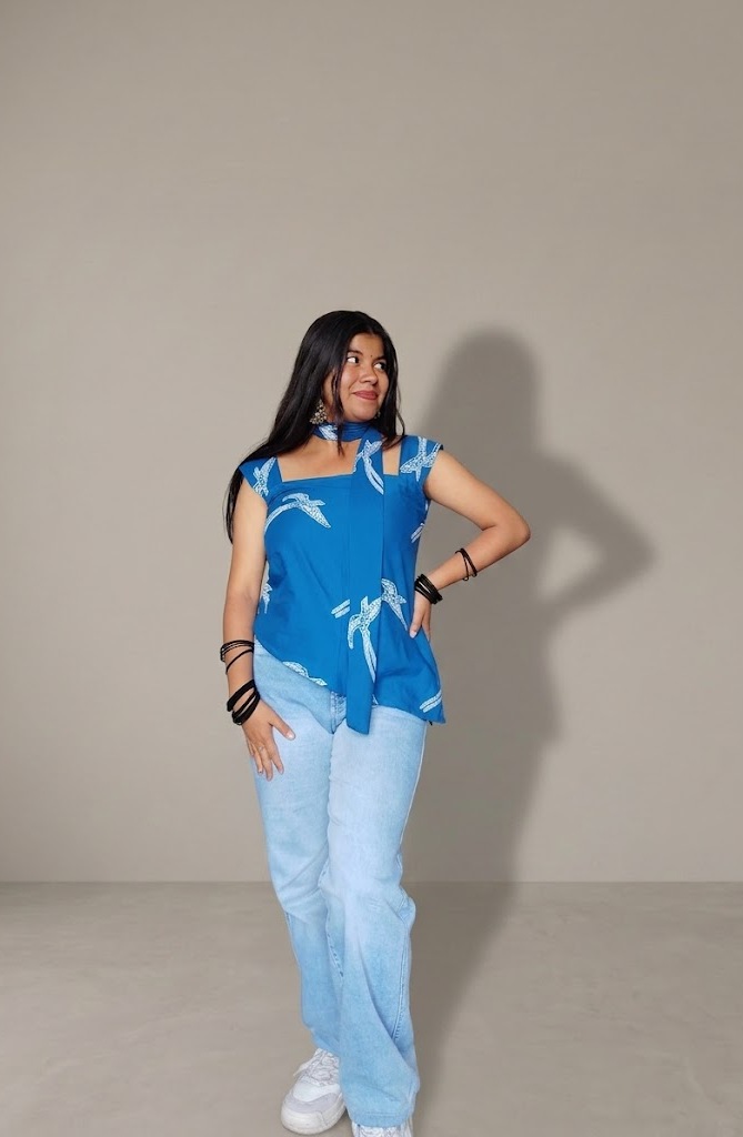 Nyaree Blue Bird Print Asymmetrical Top with Scarf – Custom Size, Shape & Color